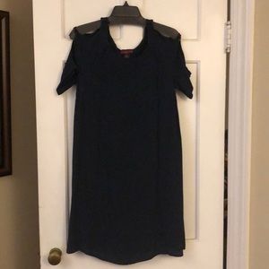 Blue cold shoulder dress with bottoms on sleeve